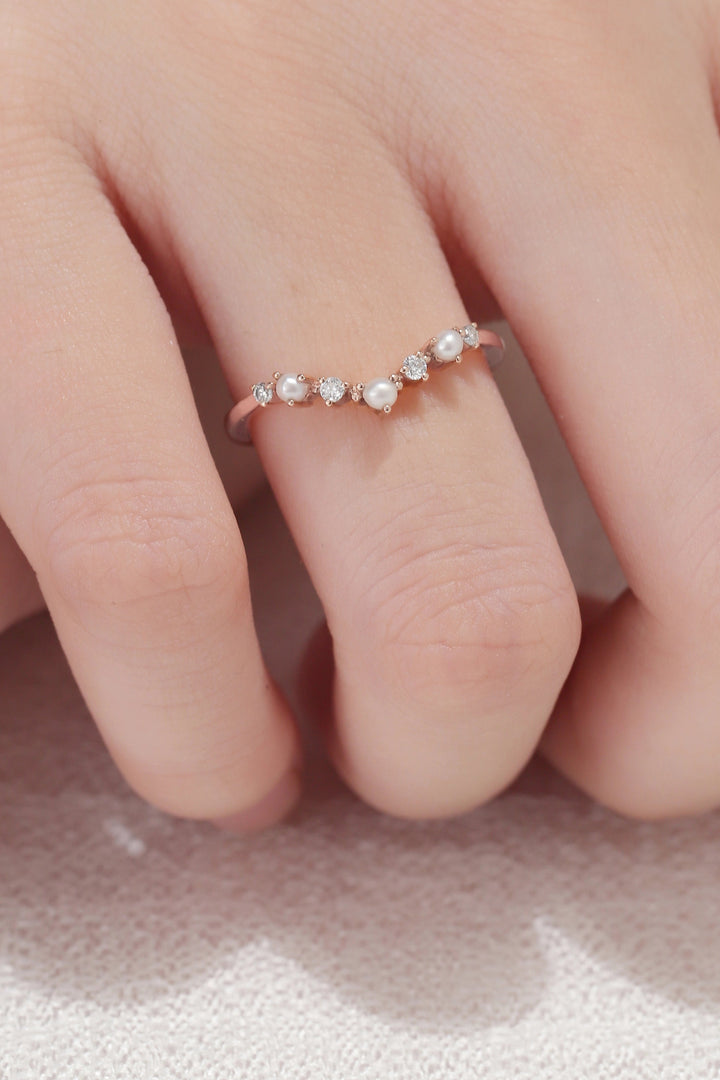 Curved Round Cut Moissanite and Pearl Stacking Ring