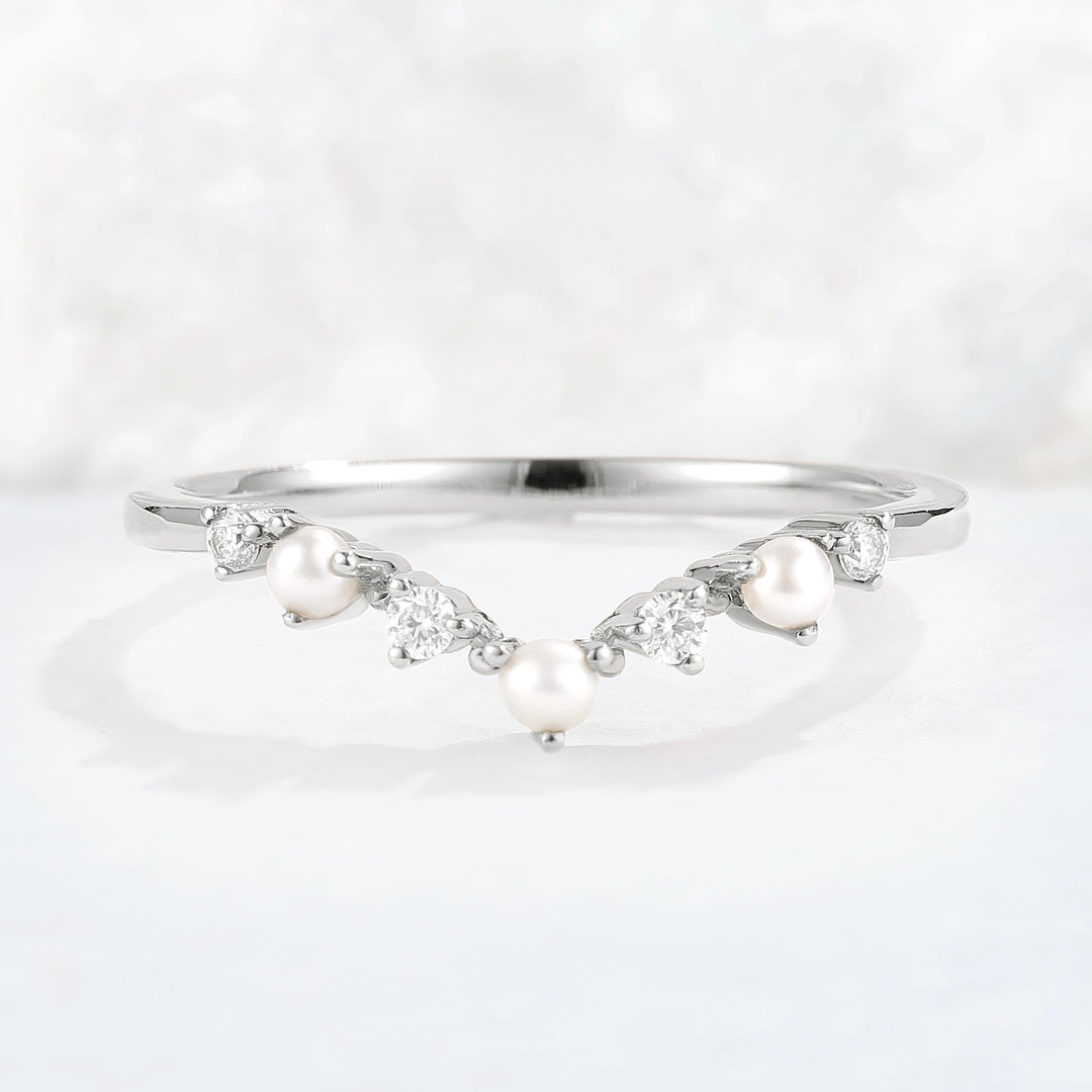 Curved Round Cut Moissanite and Pearl Stacking Ring