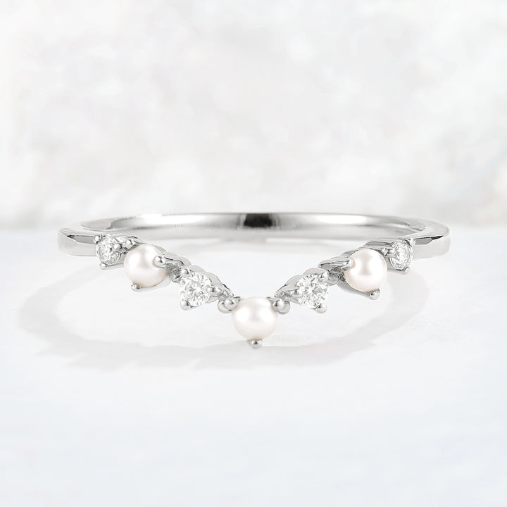 Curved Round Cut Moissanite and Pearl Stacking Ring