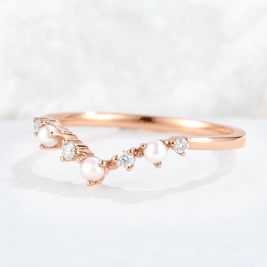 Curved Round Cut Moissanite and Pearl Stacking Ring