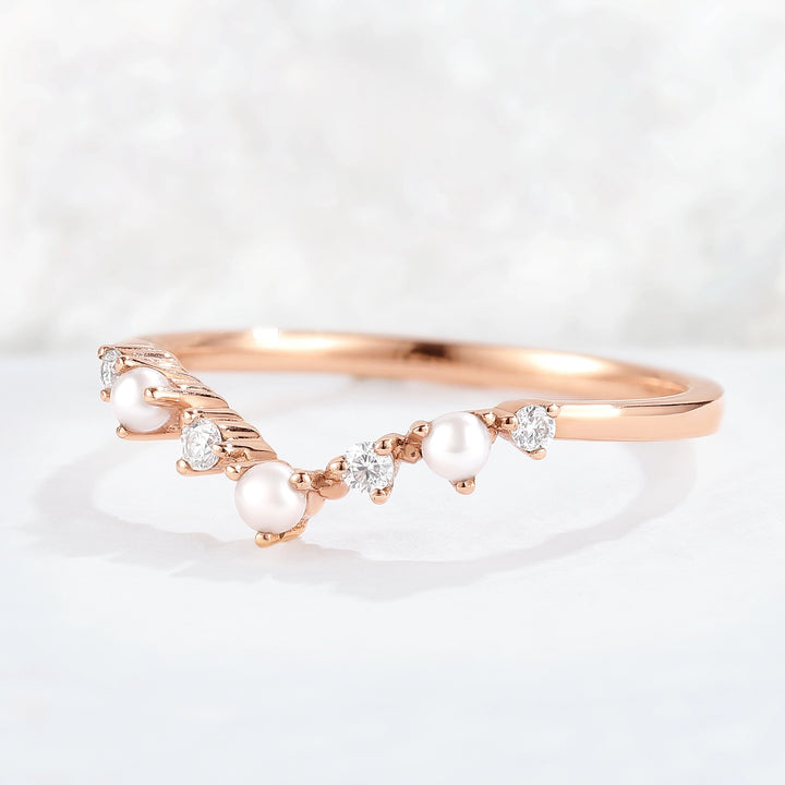 Curved Round Cut Moissanite and Pearl Stacking Ring