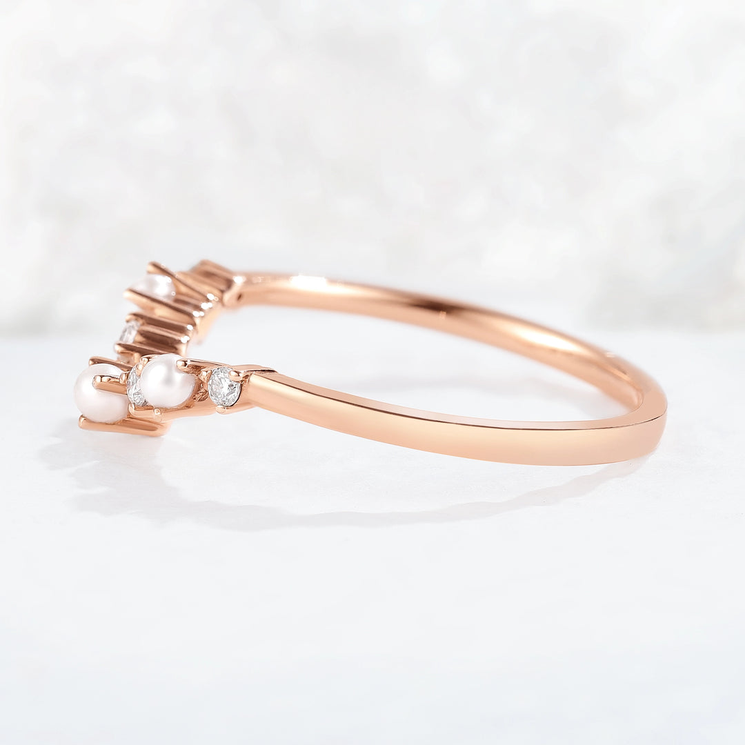 Curved Round Cut Moissanite and Pearl Stacking Ring