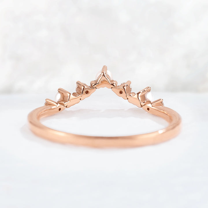 Curved Round Cut Moissanite and Pearl Stacking Ring