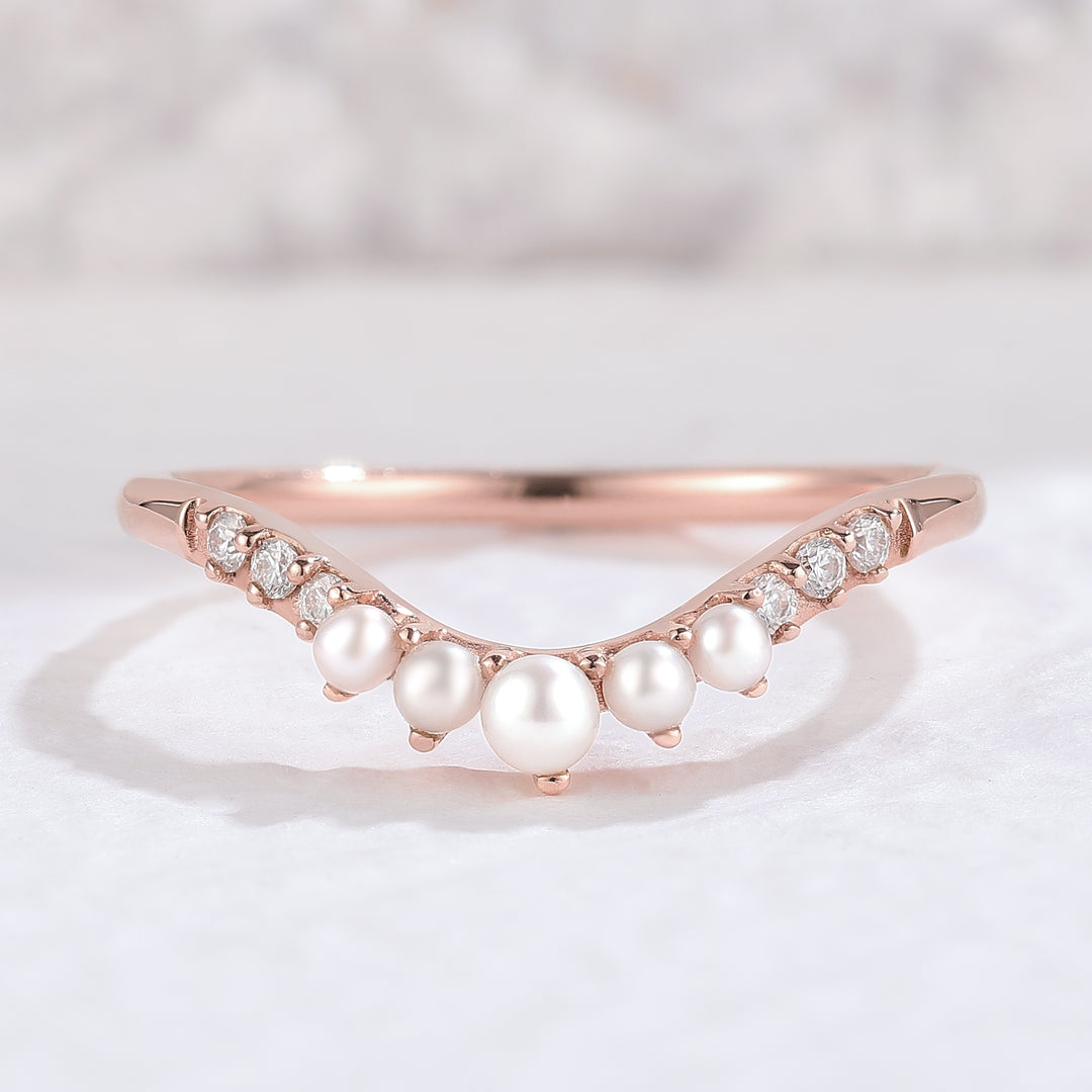 Curved Round Pearl Rose Gold Wedding Band