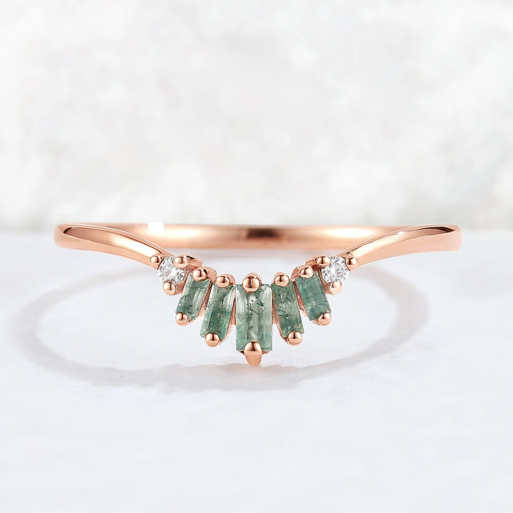 Curved Baguette Cut Moss Agate Moissanite Stacking Ring
