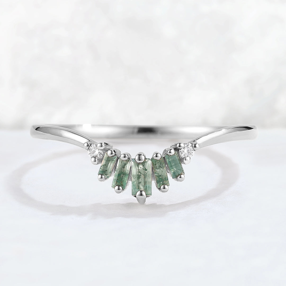 Curved Baguette Cut Moss Agate Moissanite Stacking Ring