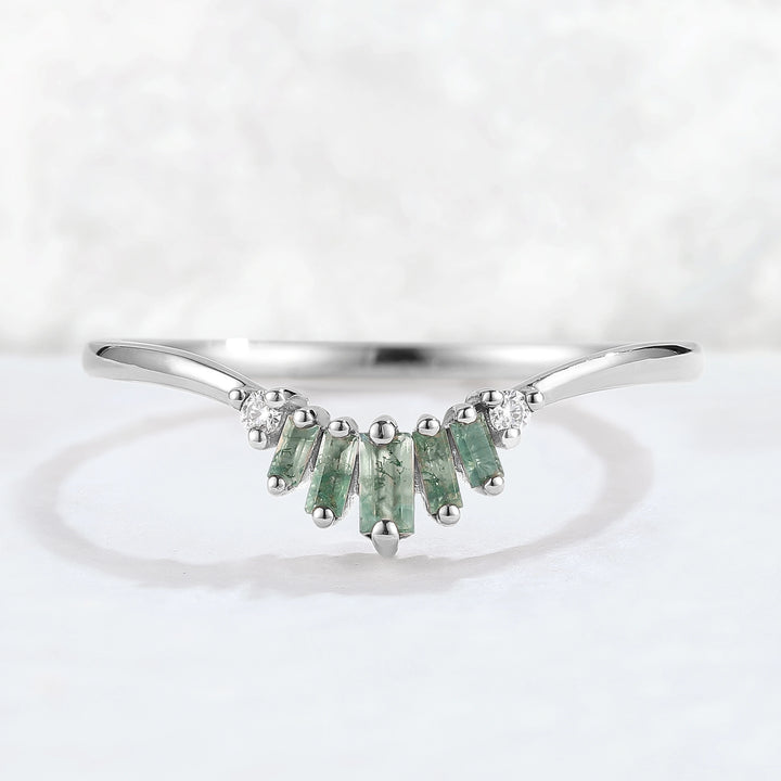 Curved Baguette Cut Moss Agate Moissanite Stacking Ring