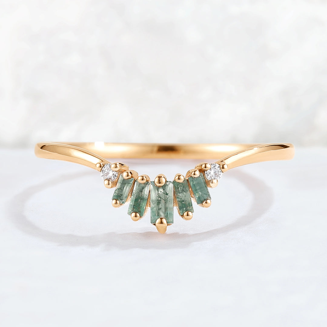 Curved Baguette Cut Moss Agate Moissanite Stacking Ring