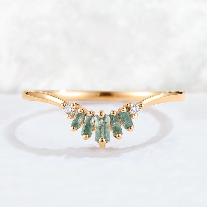 Curved Baguette Cut Moss Agate Moissanite Stacking Ring