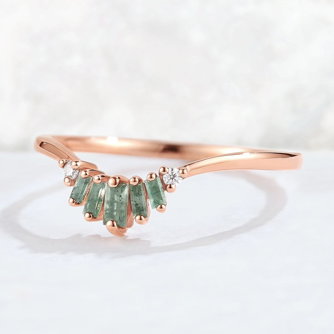 Curved Baguette Cut Moss Agate Moissanite Stacking Ring