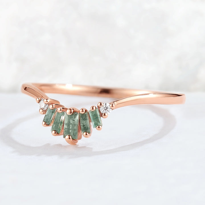Curved Baguette Cut Moss Agate Moissanite Stacking Ring