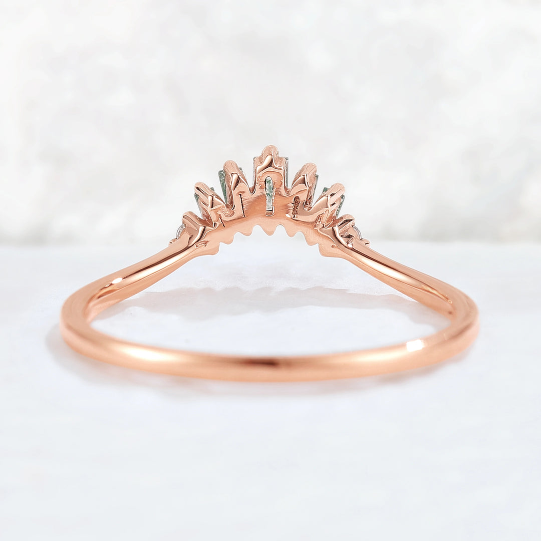 Curved Baguette Cut Moss Agate Moissanite Stacking Ring