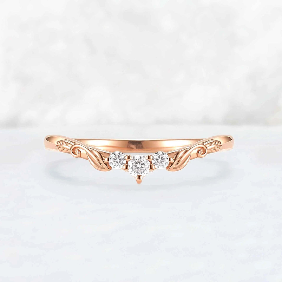 Curved Leafy Round Cut Moissanite Three Stones Wedding Band