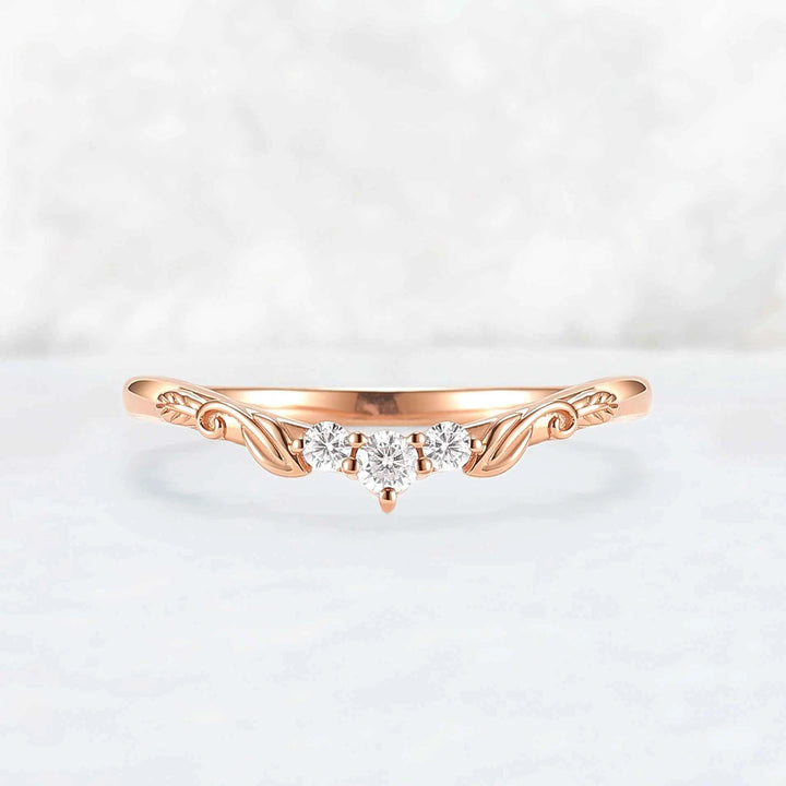 Curved Leafy Round Cut Moissanite Three Stones Wedding Band