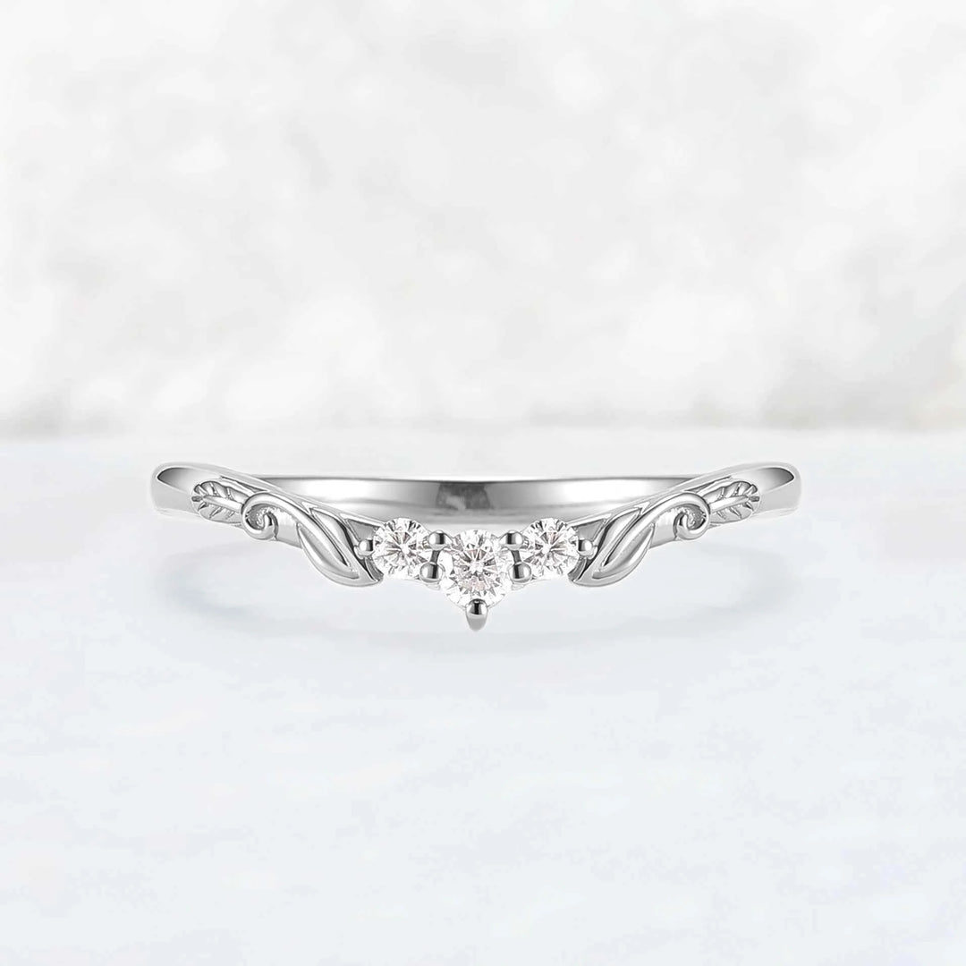 Curved Leafy Round Cut Moissanite Three Stones Wedding Band