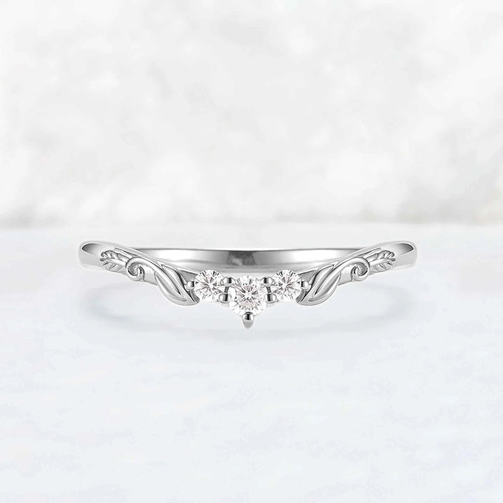 Curved Leafy Round Cut Moissanite Three Stones Wedding Band