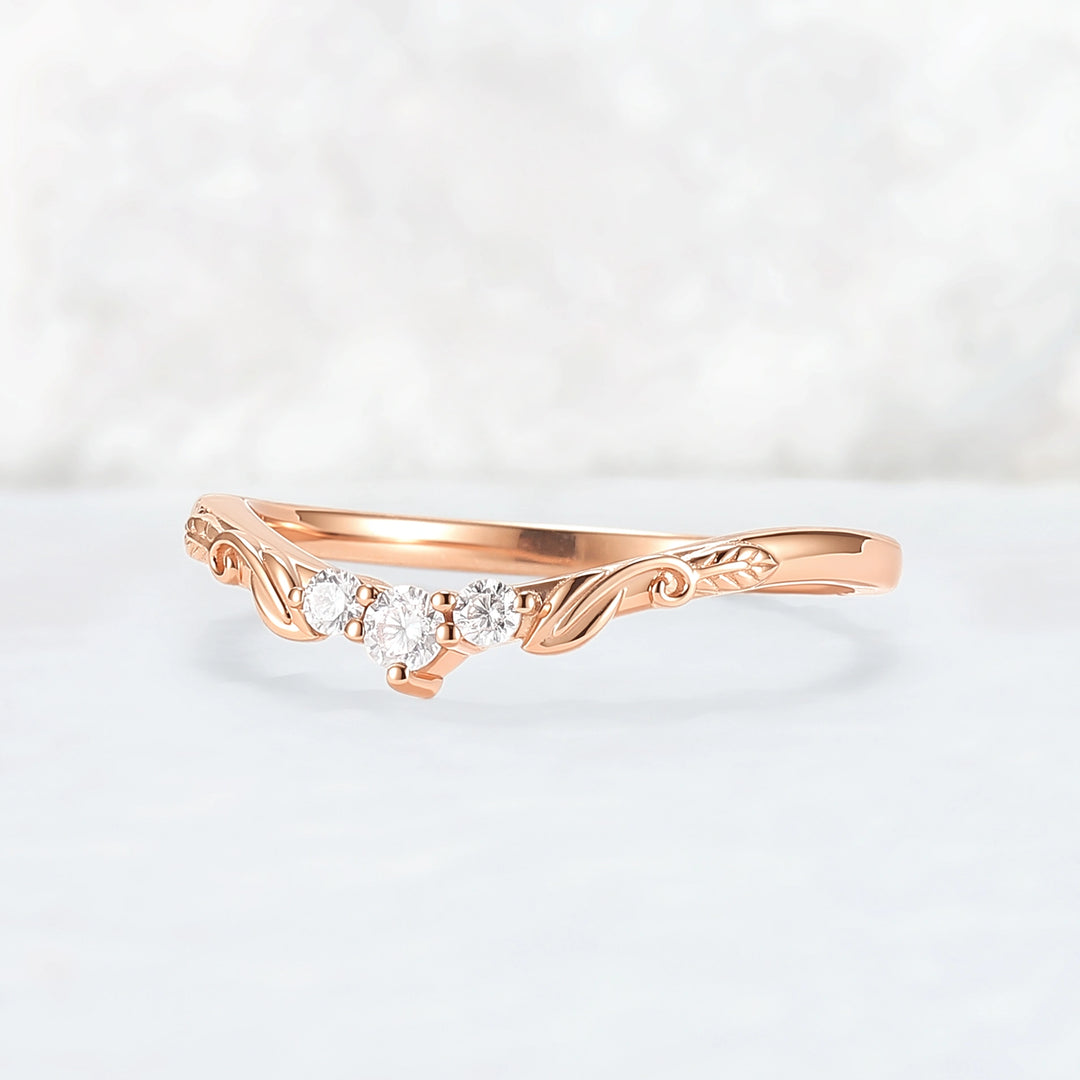 Curved Leafy Round Cut Moissanite Three Stones Wedding Band