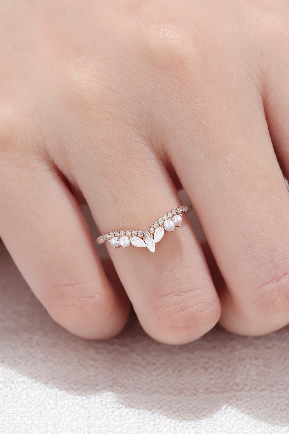 Curved Marquise Cut Moissanite 14k Rose Gold Stacking Ring