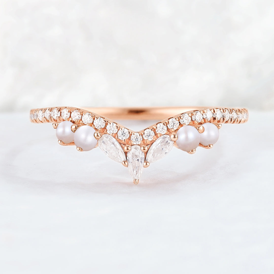 Curved Marquise Cut Moissanite 14k Rose Gold Stacking Ring