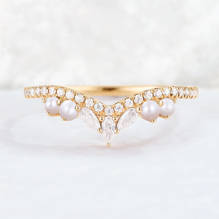 Curved Marquise Cut Moissanite 14k Rose Gold Stacking Ring