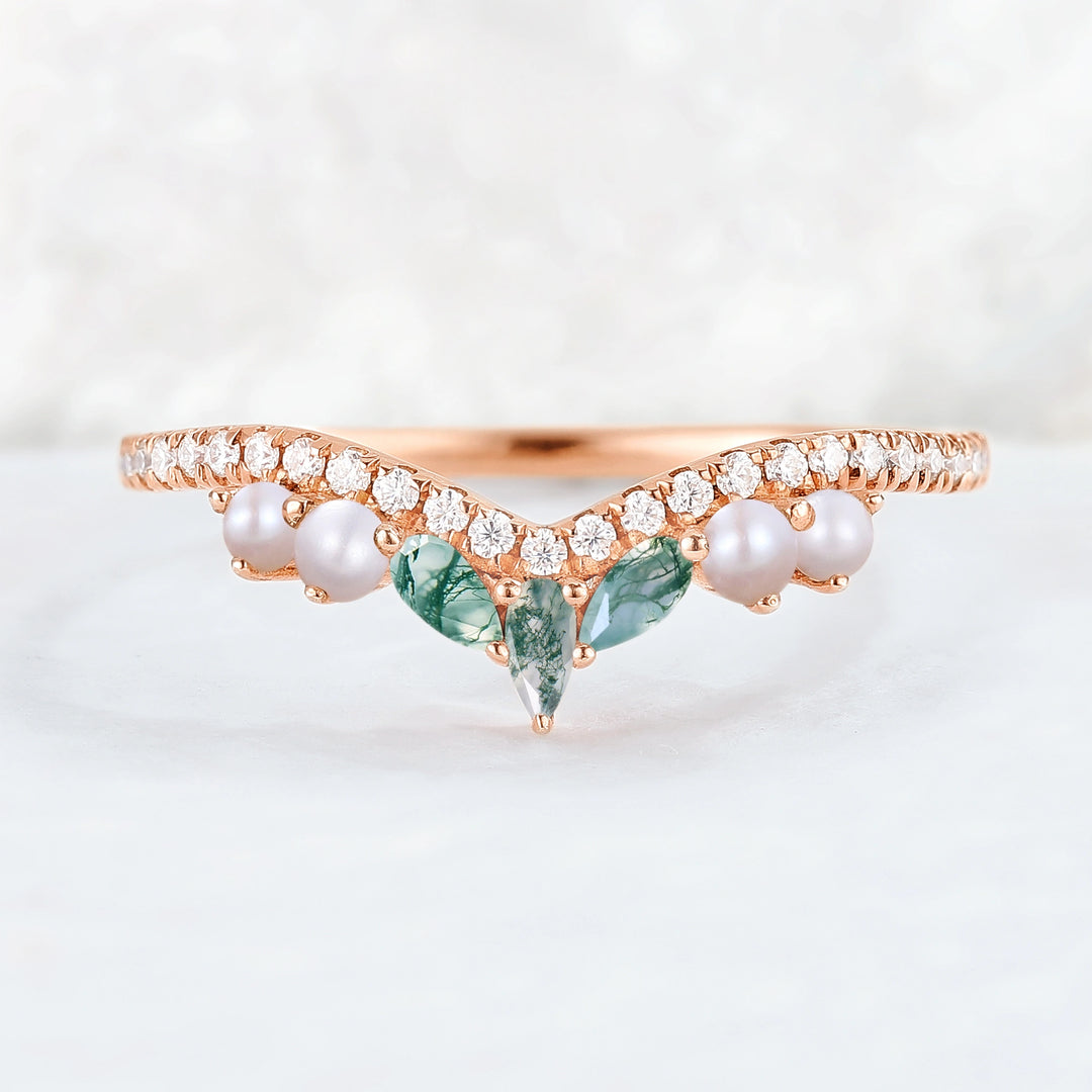 Curved Marquise Cut Moss Agate and Round Pearl 14k Rose Gold  Stacking Ring