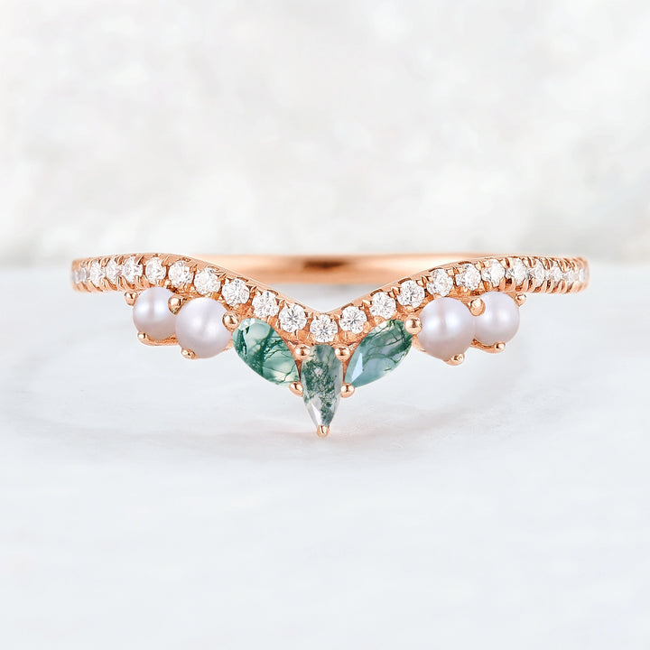Curved Marquise Cut Moss Agate and Round Pearl 14k Rose Gold  Stacking Ring