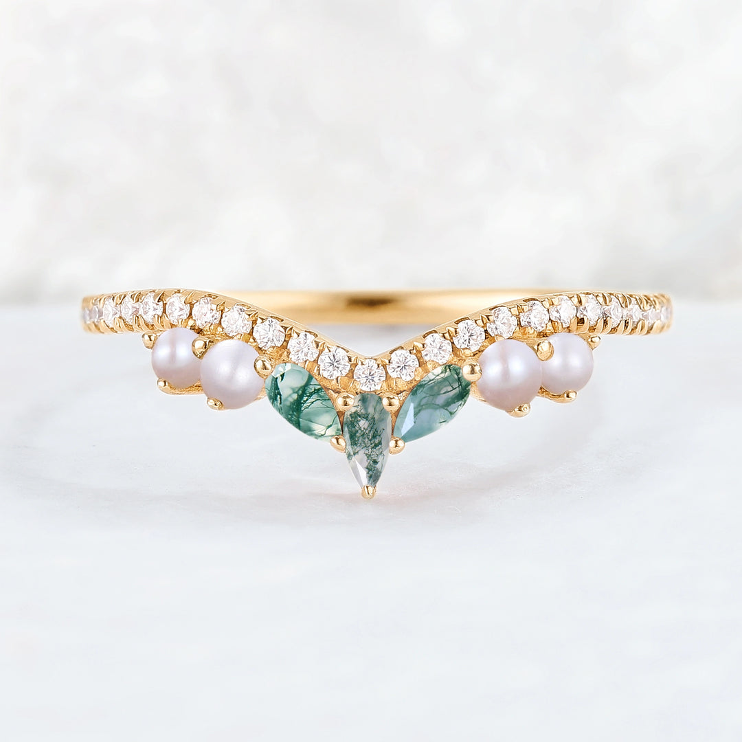 Curved Marquise Cut Moss Agate and Round Pearl 14k Rose Gold  Stacking Ring
