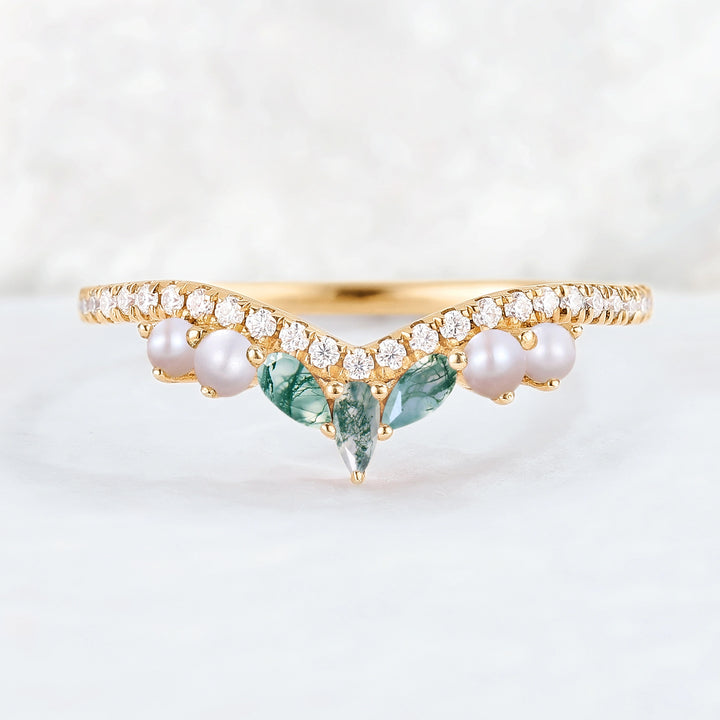 Curved Marquise Cut Moss Agate and Round Pearl 14k Rose Gold  Stacking Ring