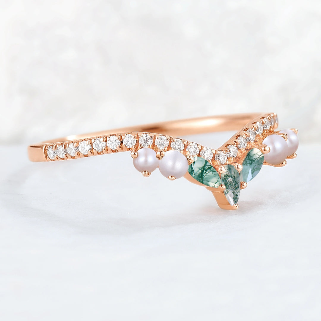 Curved Marquise Cut Moss Agate and Round Pearl 14k Rose Gold  Stacking Ring