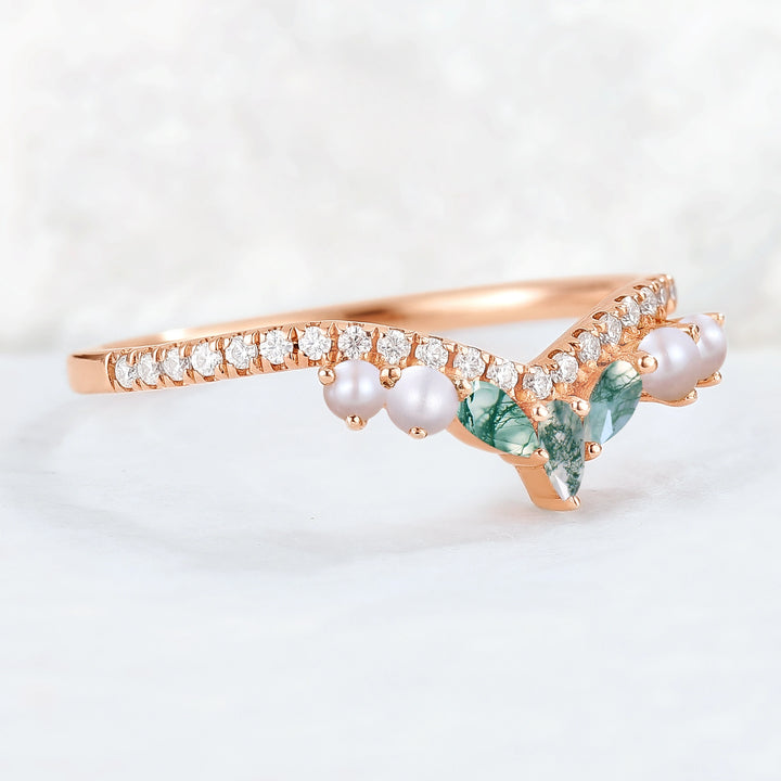 Curved Marquise Cut Moss Agate and Round Pearl 14k Rose Gold  Stacking Ring