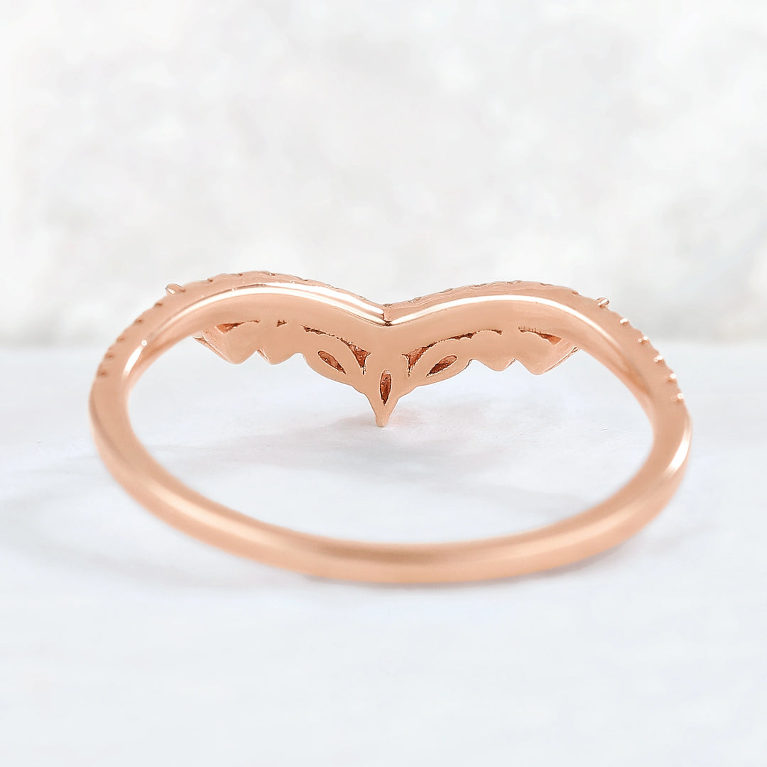 Curved Marquise Cut Moss Agate and Round Pearl 14k Rose Gold  Stacking Ring