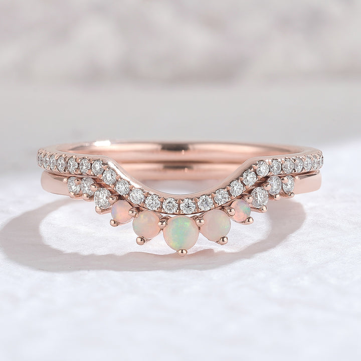 Curved Moissanite Opal Half Eternity 14k Rose Gold Bridal Ring