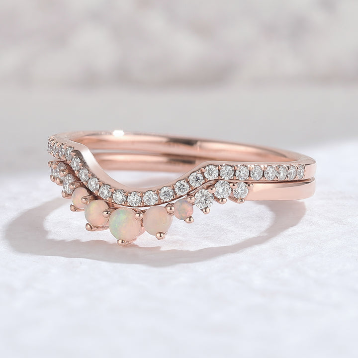 Curved Moissanite Opal Half Eternity 14k Rose Gold Bridal Ring