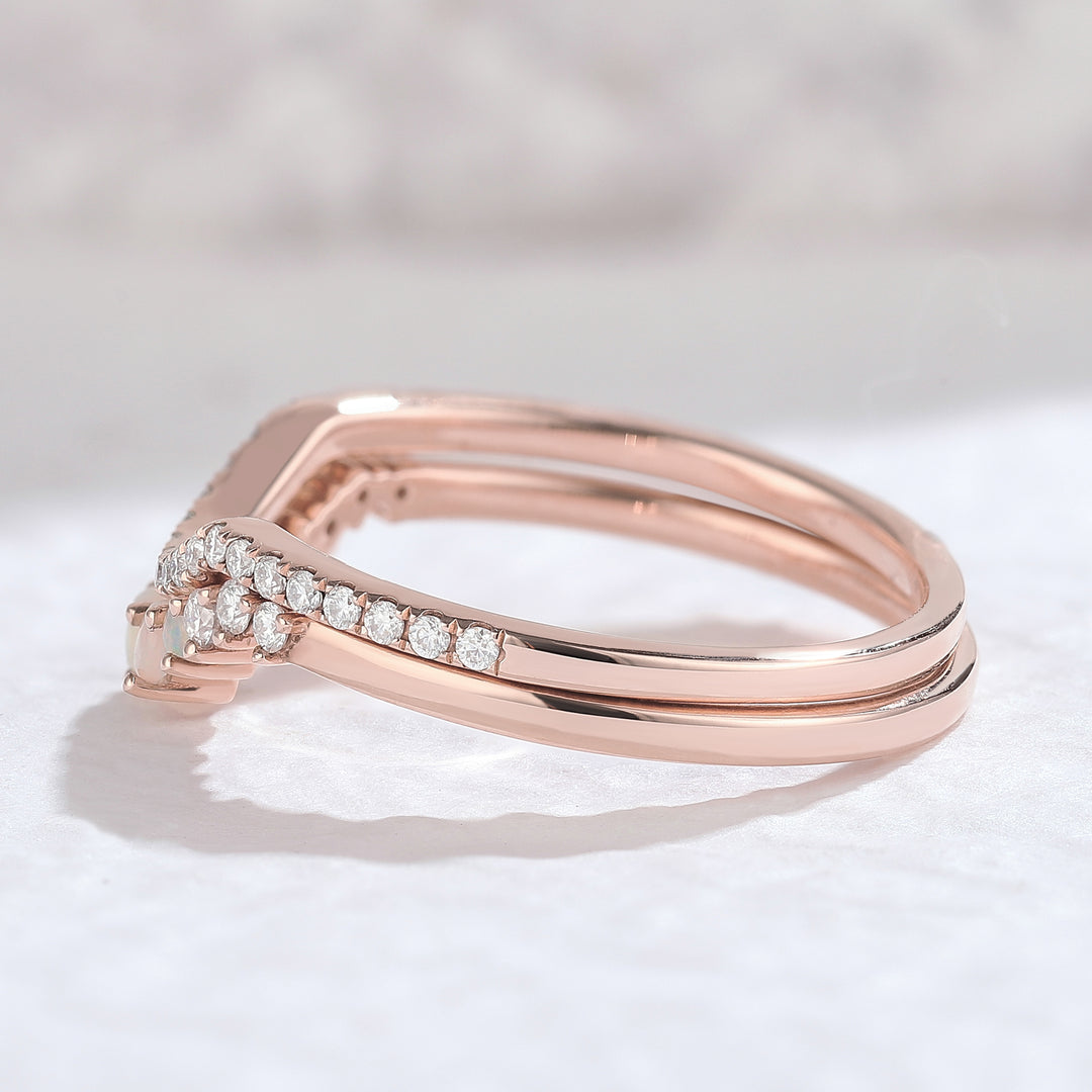Curved Moissanite Opal Half Eternity 14k Rose Gold Bridal Ring