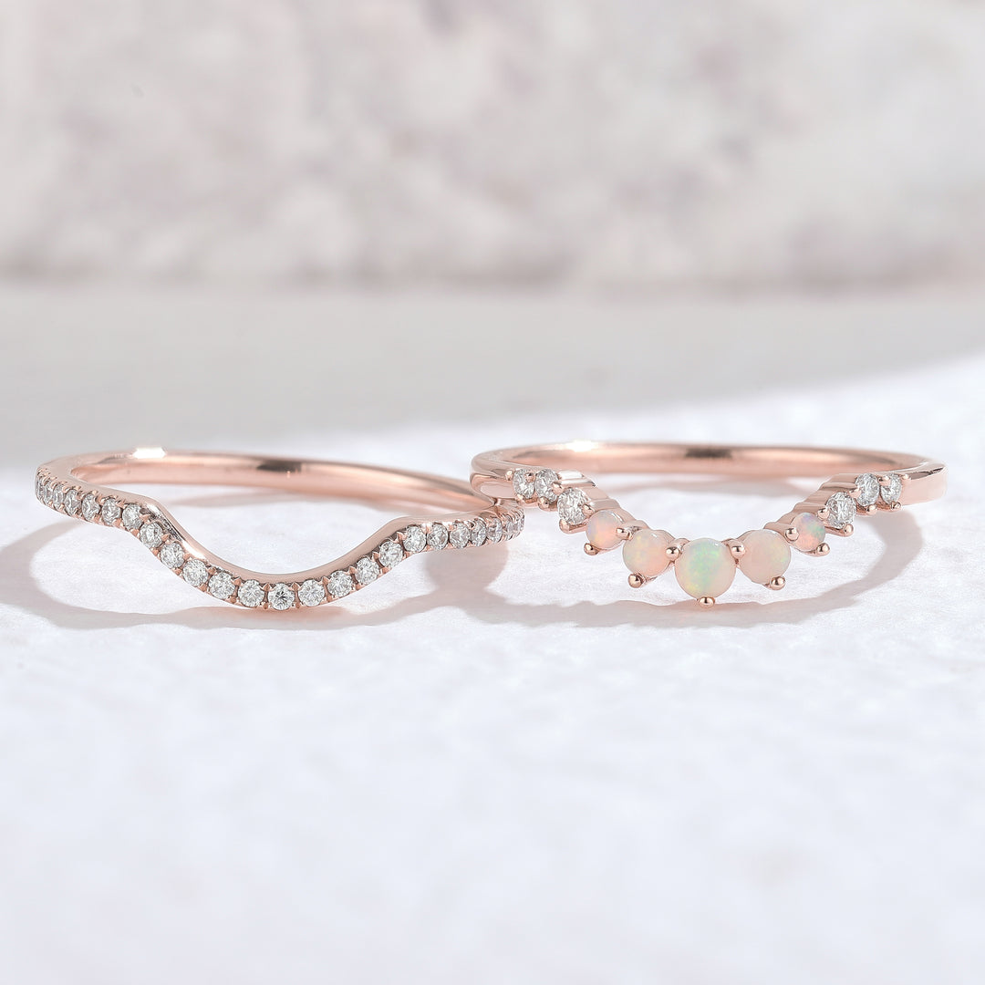 Curved Moissanite Opal Half Eternity 14k Rose Gold Bridal Ring