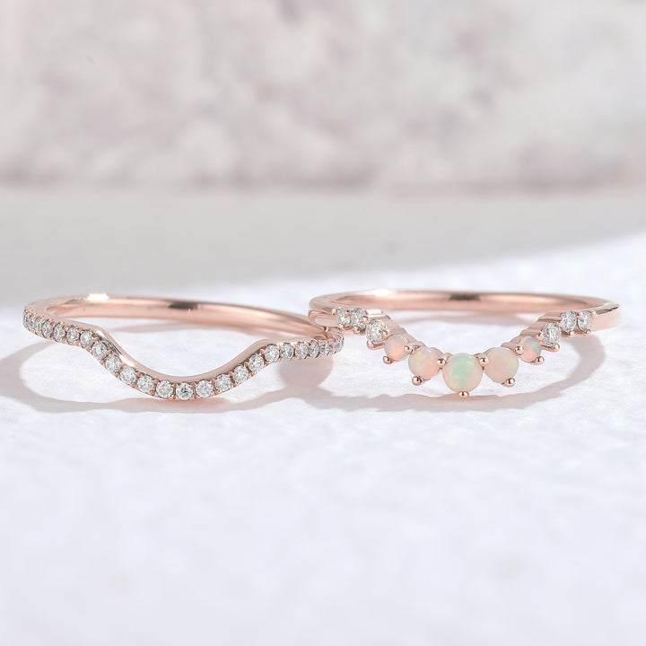 Curved Moissanite Opal Half Eternity 14k Rose Gold Bridal Ring