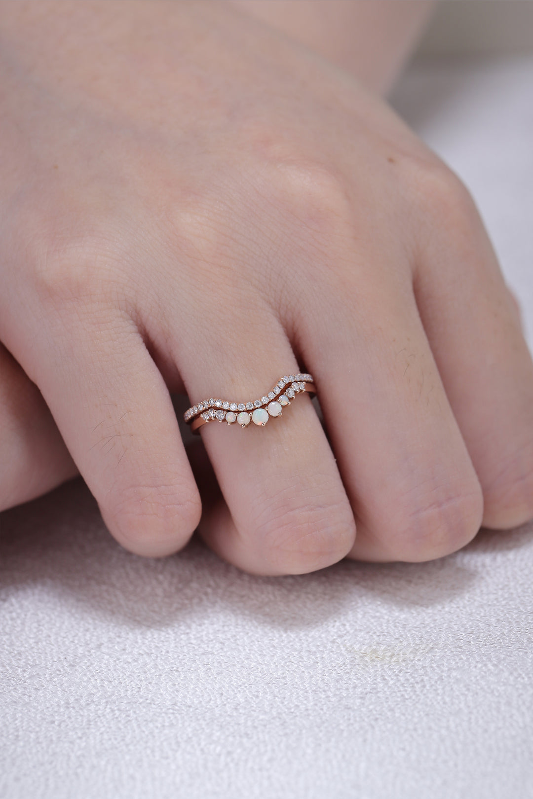 Curved Moissanite Opal Half Eternity 14k Rose Gold Bridal Ring