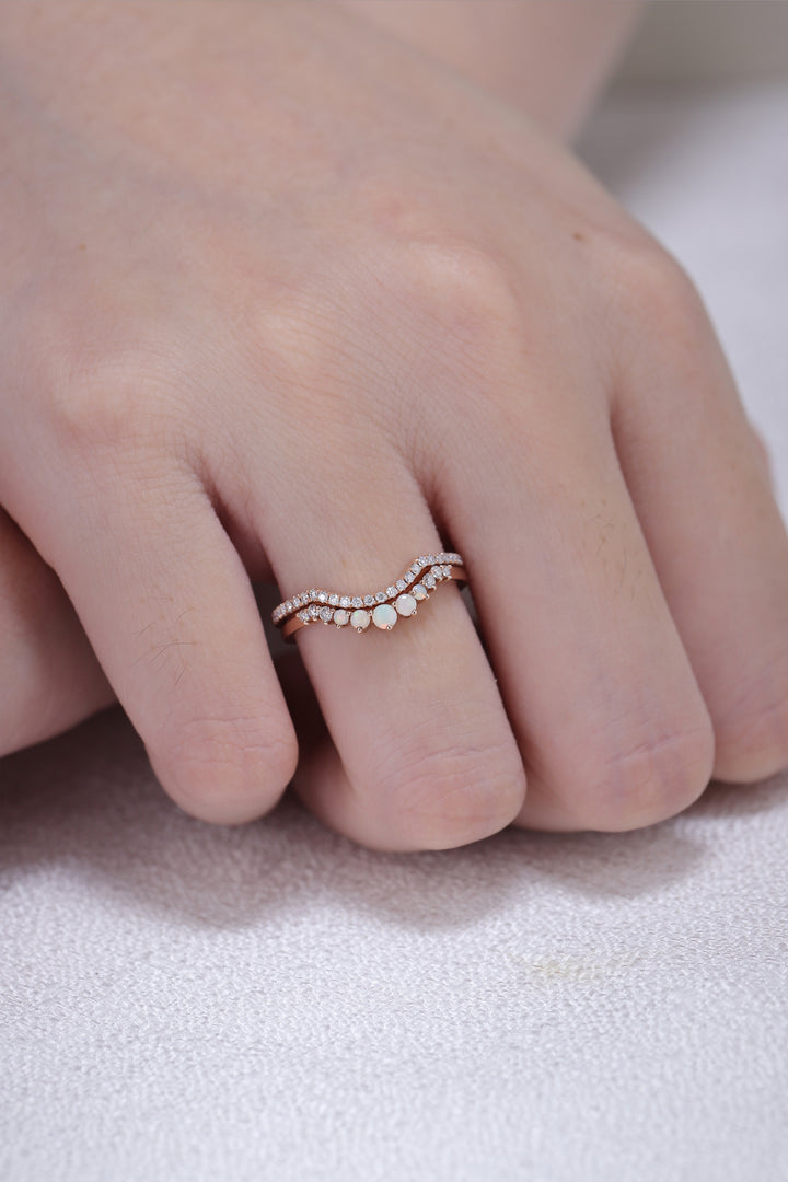 Curved Moissanite Opal Half Eternity 14k Rose Gold Bridal Ring