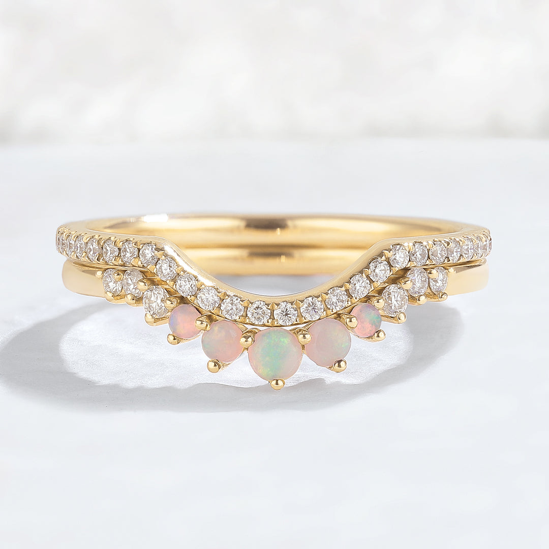 Curved Moissanite Opal Half Eternity 14k Rose Gold Stacking Ring