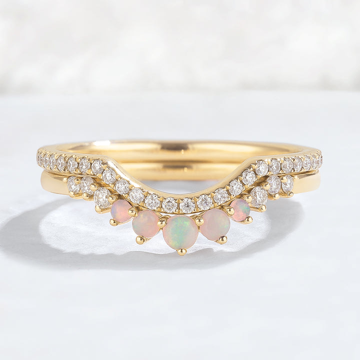 Curved Moissanite Opal Half Eternity 14k Rose Gold Stacking Ring