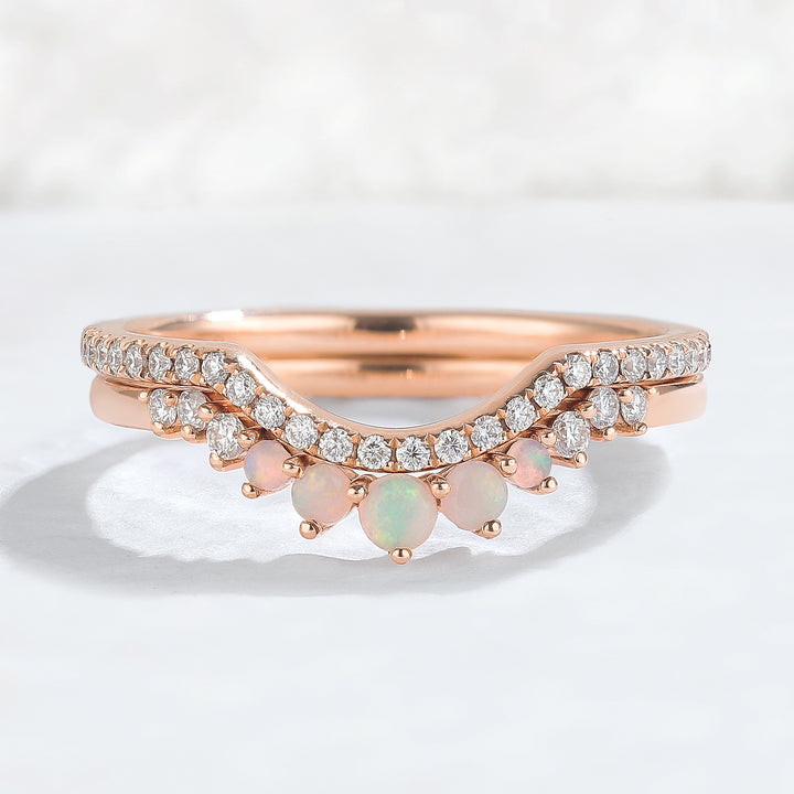 Curved Moissanite Opal Half Eternity 14k Rose Gold Stacking Ring