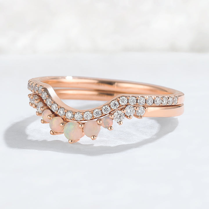 Curved Moissanite Opal Half Eternity 14k Rose Gold Stacking Ring