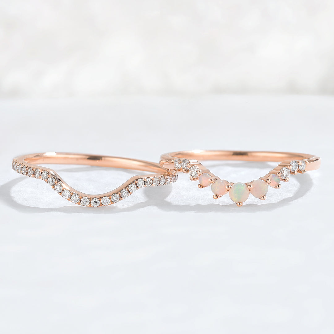 Curved Moissanite Opal Half Eternity 14k Rose Gold Stacking Ring