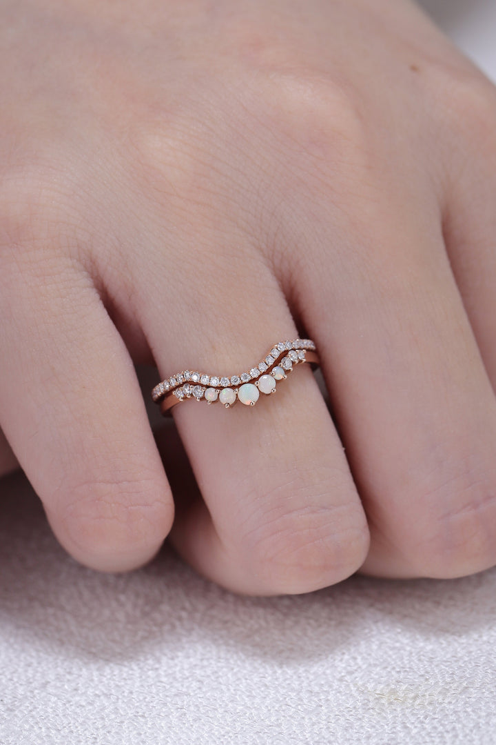 Curved Moissanite Opal Half Eternity 14k Rose Gold Stacking Ring