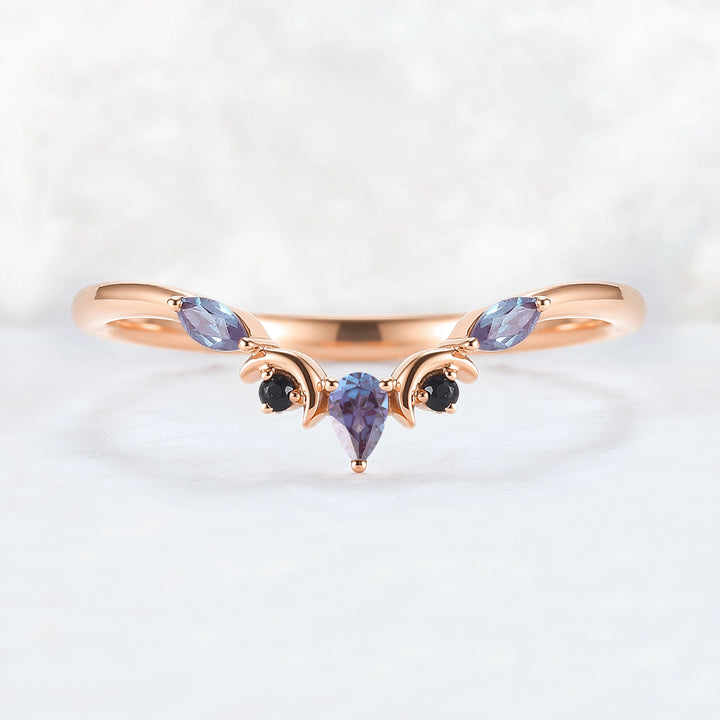 Curved Moon Pear Cut Alexandrite Stacking Ring