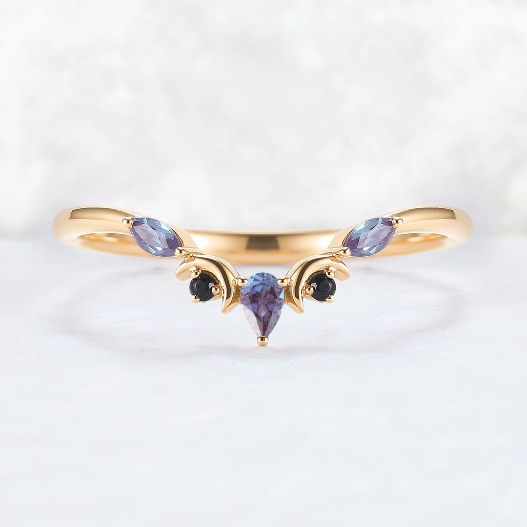 Curved Moon Pear Cut Alexandrite Stacking Ring