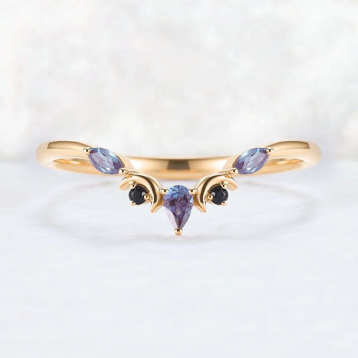 Curved Moon Pear Cut Alexandrite Stacking Ring
