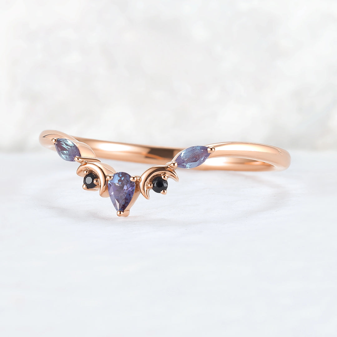 Curved Moon Pear Cut Alexandrite Stacking Ring
