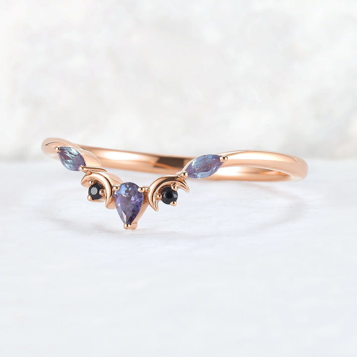 Curved Moon Pear Cut Alexandrite Stacking Ring