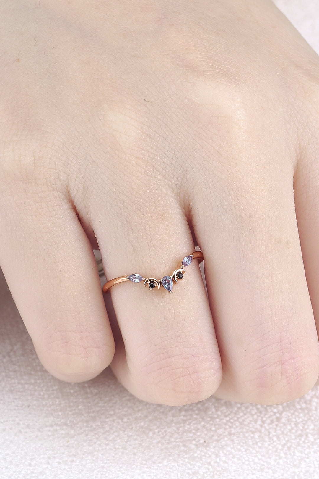 Curved Moon Pear Cut Alexandrite Wedding Band